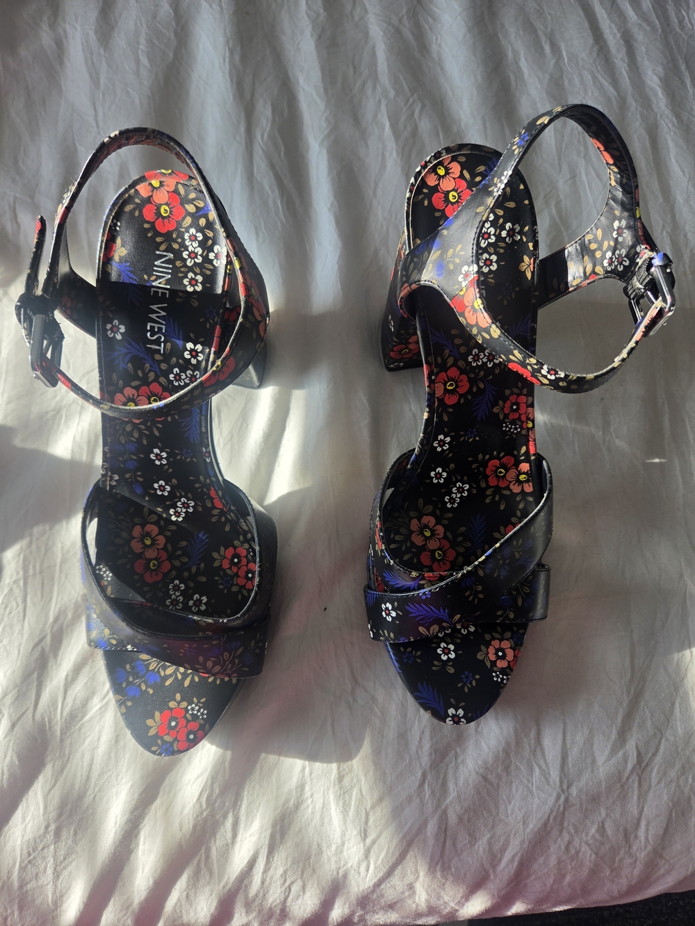 Nine West Black Floral Ankle-Strap Sandals